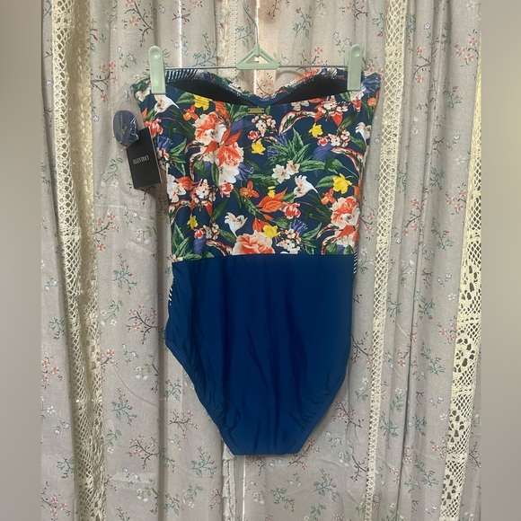 Ellen Tracy Pink & Blue Floral Sweetheart Strapless/Halter Swimsuit Size 8 NWT - Picture 3 of 4